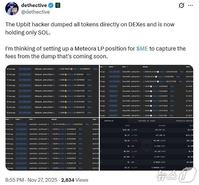 가상자산 데이터 분석 계정 '디텍티브(Detective)'가 업비트 해커의 지갑 주소를 추적한 결과, 해커가 탈취한 가상자산들을 솔라나(SOL)로 모두 바꿨다고 밝혔다. X(구 트위터) 갈무리.