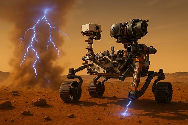 화성에서 활동하고 있는 이동형 탐사 로봇인 퍼서비어런스가 내장 마이크로 먼지 폭풍과 지표면에서  방전 현상이 유발한 소리를 포착하는 모습의 상상도./챗GPT DALL·E