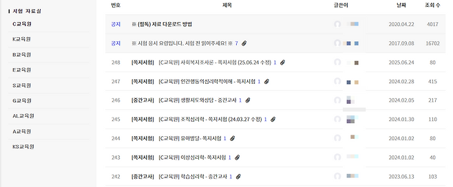 학점은행제 ‘플래너’가 제공하는 ‘학습지원센터’의 시험 자료실. 사이트 갈무리
