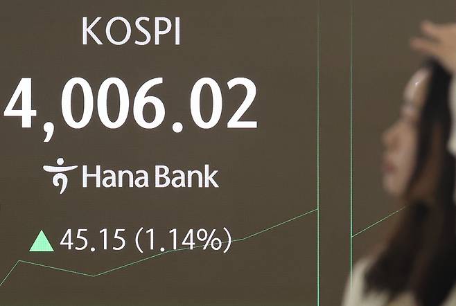 27일 중구 하나은행 본점 딜링룸 전광판에 실시간 코스피가 표시돼 있다. <연합뉴스>