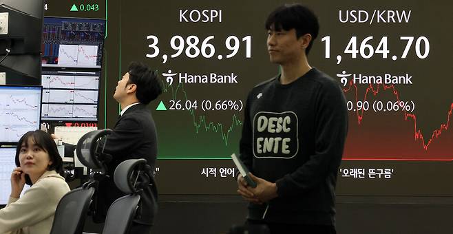 11월27일 서울 중구 하나은행 딜링룸 현황판에 코스피 지수와 원달러 환율이 표시돼 있다. ⓒ 연합뉴스