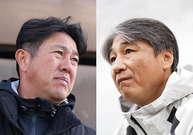김도균(왼쪽) 서울 이랜드 감독과 전경준 성남FC 감독. /사진=한국프로축구연맹 제공
