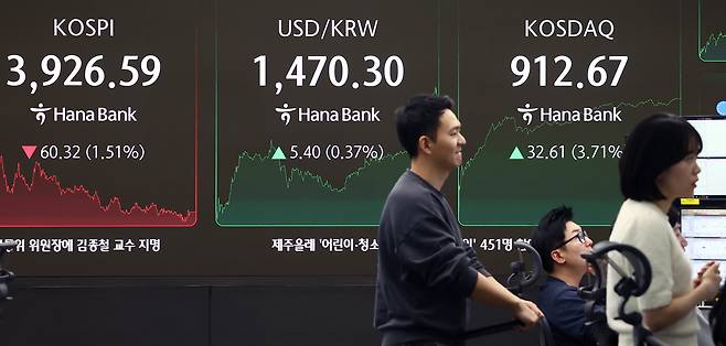 28일 오후 서울 중구 하나은행 딜링룸 전광판에 코스피와 코스닥 지수가 나오고 있다. /뉴스1