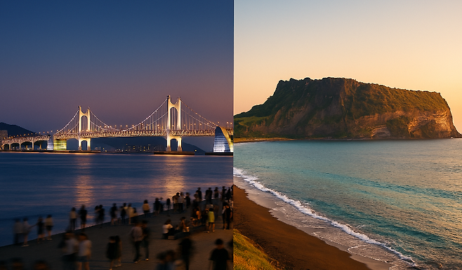 부산과 제주의 서로 다른 여행 경험을 보여주는 장면.