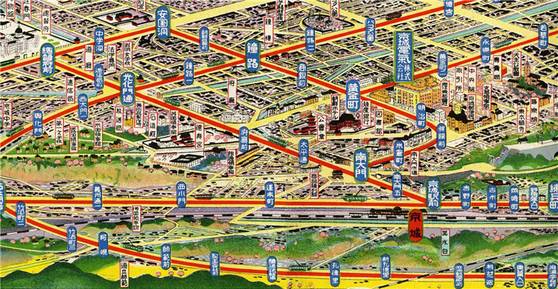 일본의 지도 제작자 요시다 하쓰사부로(吉田初三郞)가 만든 ‘경성전차 안내도’. 1929년 경성전기주식회사에서 제작했다. 남대문 일대는 일본식 지명, 북쪽으로는 안국동·중학동 등 기존 조선 지명이 보인다. [사진 윤상인]