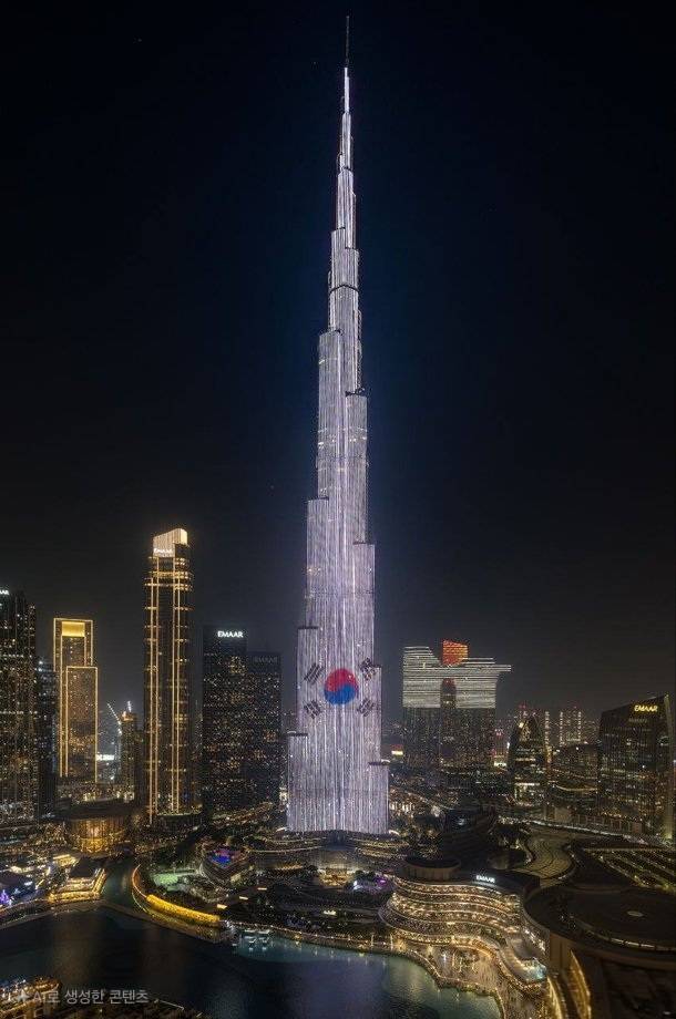 이재명 대통령 방문에 즈음해 불 밝힌 두바이 버즈칼리파의 태극기. 이곳에선 그간 BTS 생일 축하 광고 등 한류 이미지가 자주 내걸렸다.