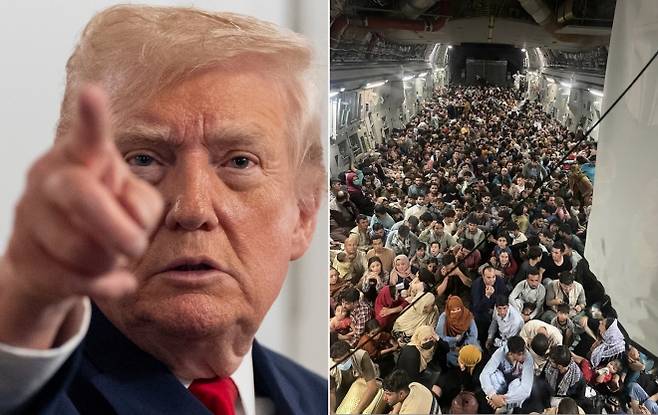 왼쪽 도널드 트럼프 미국 대통령이 27일(현지시간) 플로리다 팜비치 마러라고 별장에서 추수감사절 화상 통화 후 기자들에게 발언하고 있다. 오른쪽 트럼프 대통령이 28일 자신의 소셜미디어 ‘트루스소셜’에 “끔찍한 아프간 공수 작전의 일부”라며 공개한 사진. 2021년 카불 공항에서 미군 수송기에 탑승한 아프간 대피민들의 모습이 담겼다. AP 연합뉴스·트루스소셜