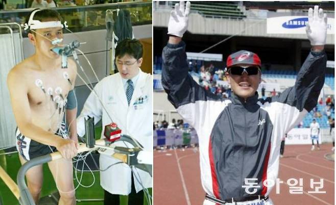 현역 시절 ‘녹색 그라운드의 야생마’로 활약했고, 올 9월 ‘제2회 K리그 명예의 전당’에 헌액된 김주성 씨는 2005년 서울국제마라톤대회 겸 동아마라톤대회에서 42.195km를 처음 완주했다. 당시 마라톤을 완주하기 전 서울아산병원에서 운동부하검사와 운동체력, 건강체력검사에서 합격점을 받았고(왼쪽 사진), 풀코스를 여유 있게 완주했다. 동아일보 DB