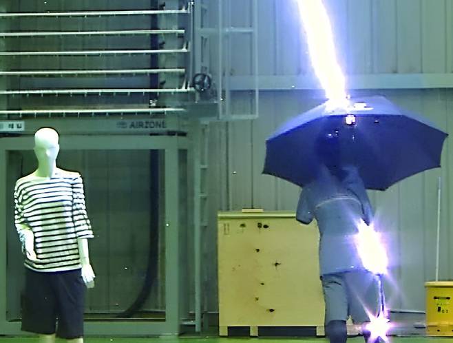 인공 낙뢰 실험에서 우산을 쓴 마네킹이 인공 낙뢰를 맞는 모습. 한국전기연구원 제공