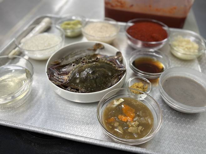 꽃게살배추김치의 재료. 보통 배추 세 포기에 큰 게 기준 한 마리 반 분량을 넣으면 된다.