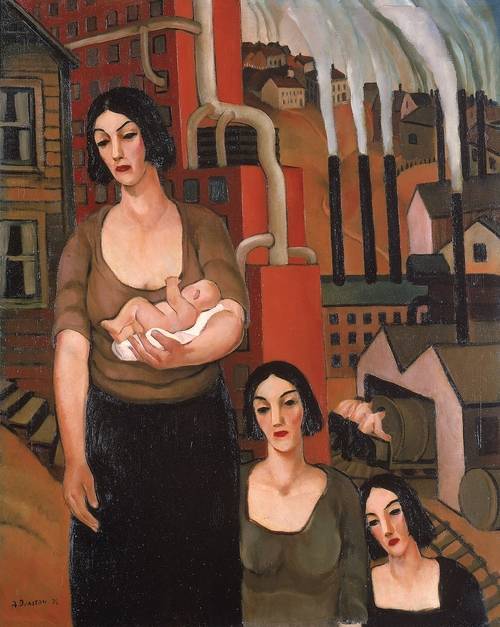 “우리는 아이와 어떻게 살아가야 하지...” 아서 더스턴의 ‘산업’. 1934년 그림으로 대공황 시대 산업화와 불황의 시대 속에서 살아가는 여성들의 삶을 그려낸 작품이다.