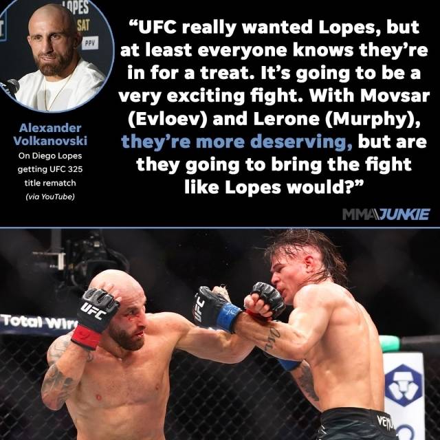 볼카노프스키는 “모브사르에게 더 자격이 있다고 생각했다. 머피도 마찬가지. 나는 두 선수를 콜아웃했다. 근데 UFC가 로페스를 원했다. 정말이다. 팬들의 입장에선 로페스와의 2차전이 더 재밌을 수도 있다. 아주 화끈할 것이다”라고 밝혔다. 이어 “모브사르와 머피가 더 자격 있는 선수인 건 맞다. 근데 로페스만큼 뜨거운 싸움을 할 수 있을까. 팬들은 나와 로페스의 2차전을 더 좋아할 것이라고 본다”고 더했다. 사진=MMA 정키 SNS