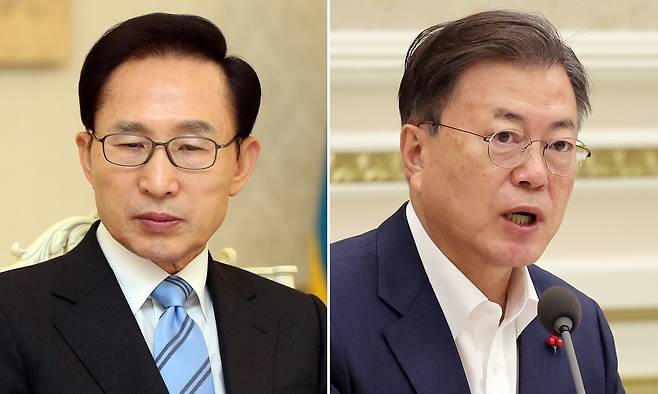 이명박(왼쪽), 문재인 전 대통령. 연합뉴스