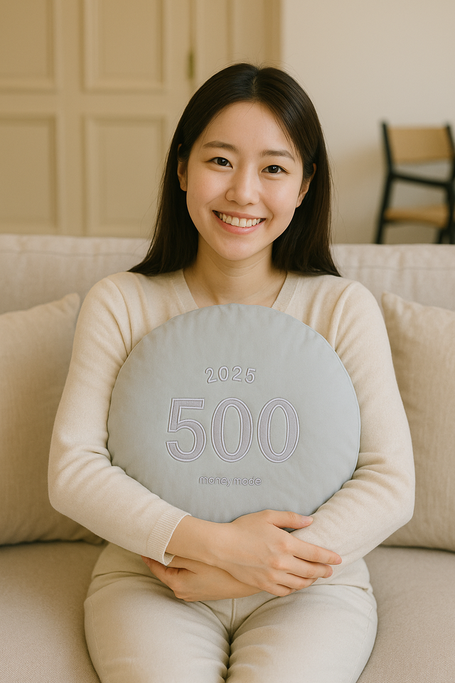 돈방석을 안고 행복한 미소를 짖고 있는 모델의 모습 [조폐공사 제공]