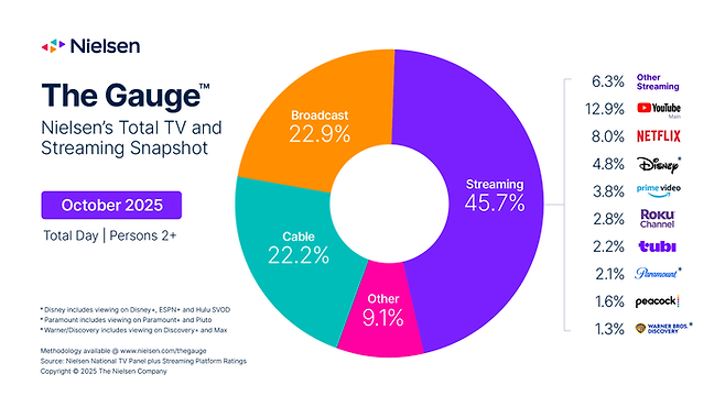 미국에서 사람들이 TV로 가장 많이 보는 것은 유튜브입니다. 전체 시청의 12.9%를 차지합니다. <닐슨>