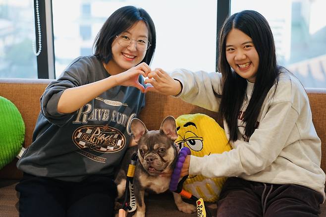 한국마즈 직원들이 사무실에 방문한 루이와 사진을 찍으며 입양을 응원하고 있다(심용희 수의사 제공). ⓒ 뉴스1