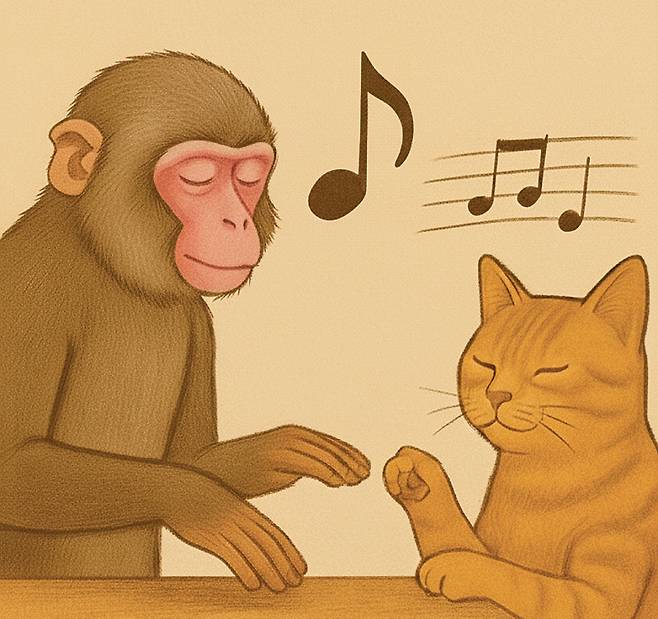 국제학술지 ‘사이언스’에 실린 연구에 따르면 훈련받은 마카크원숭이는 음악 박자에 맞춰 손바닥으로 표면을 두드릴 수 있다. 개와 고양이가 클래식 음악을 들으면 더 빨리 안정된다는 연구 결과도 있다. 챗GPT·제미나이로 생성한 이미지.