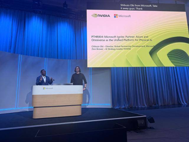 미 캘리포니아 샌프란시스코 모스콘센터에서 지난달 17일부터 나흘간 열린 '마이크로소프트(MS) 이그나이트 2025'에서 MS와 엔비디아 측 발표자들이 협업사례를 설명하고 있다. 실리콘밸리=박지연 특파원