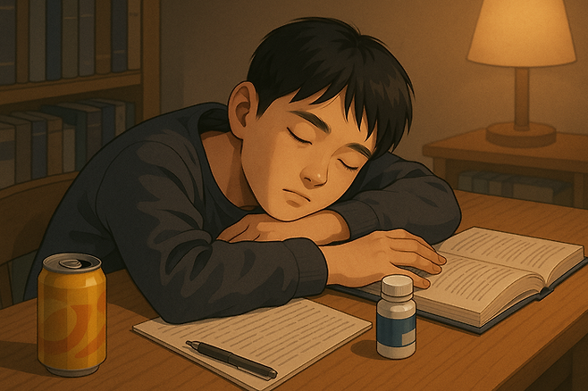청소년이 낮에는 에너지 드링크를 마시고 밤에는 멜라토닌을 먹는 유행을 표현한 그림. 사진=챗GPT
