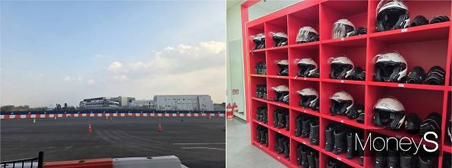 이천 혼다 에듀케이션 센터 실외 교육장 전경(왼쪽)과 헬멧·부츠·보호구 등 안전장비가 탈의공간에 정돈된 모습. /사진=김대영 기자