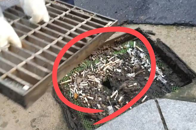 빗물받이에 가득 쌓인 담배꽁초.[유튜브 ‘워너드림’ 채널 갈무리]