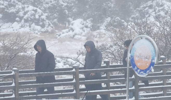 추운 날씨를 보인 19일 오전 제주 한라산 1100고지 휴게소를 찾은 관광객들이 아직 이른 겨울 정취를 만끽하고 있다. (사진=뉴시스)