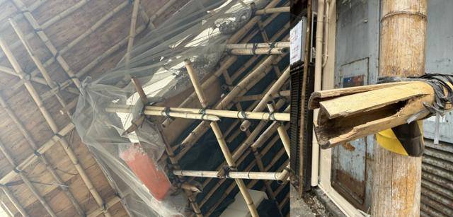 홍콩 신계 타이포구의 한 건물 개보수 현장에서 안전그물, 대나무 비계가 위험한 상태로 방치되고 있다. 홍콩=허유정 기자