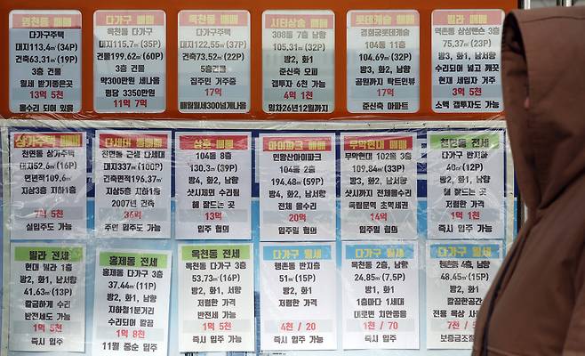 Real estate listings are posted on a real estate agency in Seoul on Nov. 17. [NEWS1]