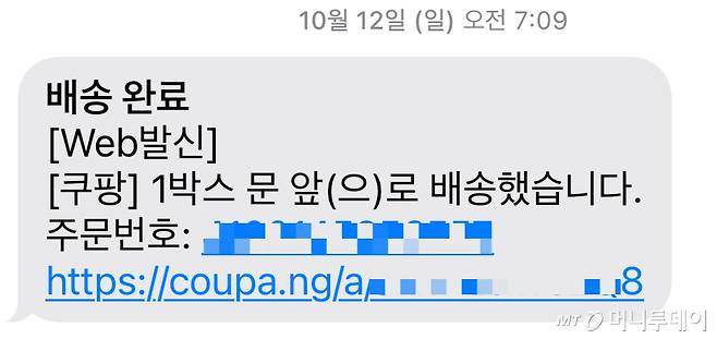 12일 오전7시에 쿠팡이 발송한 배송 완료 문자. URL이 포함돼 있어 피싱?스미싱 범죄에 악용될 수 있다는 우려가 나온다./사진=독자제공