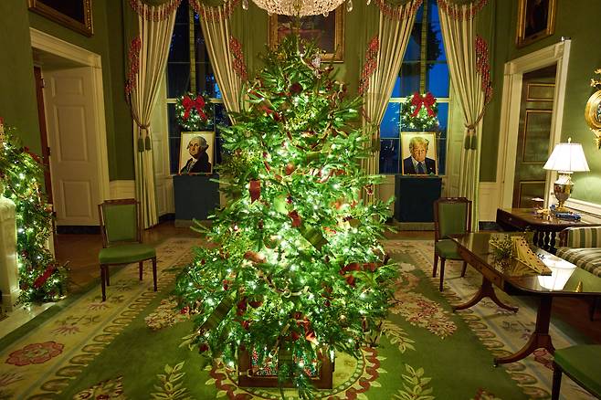 1일 미국 백악관 그린룸에 6000개가 넘는 레고조각으로 만든 조지 워싱턴 초상화와 도널드 트럼프 미국 대통령 초상화가 나란이 배치돼 있다. [AP]