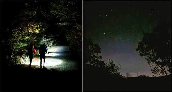 새벽 산행. 성삼재에서 노고단 대피소까지. 칠흑 같은 밤이지만 숲을 벗어나자 깜깜한 밤하늘에 별이 쏟아져 내린다. 멀리 노고단의 중계탑 불빛도 반짝인다.