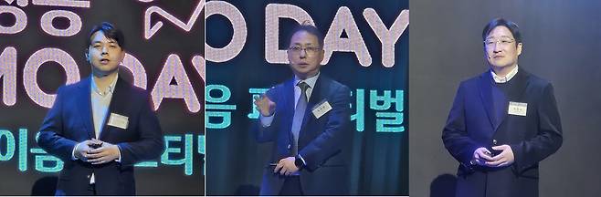 3일 서울 용산구 서울드래곤시티에서 열린 '2025 IBK벤처스타트업 이음페스티벌'에서 이세영 뤼튼테크놀로지스 대표(왼쪽부터), 이학종 아이엠지티 대표, 박준서 SLL 제작부문 대표가 발표하고 있다./염현아 기자