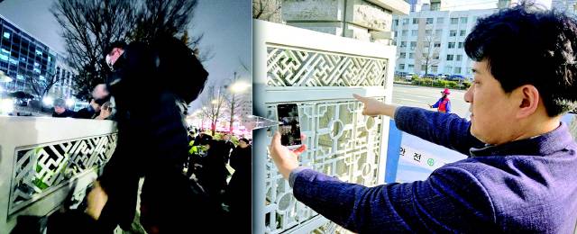 ▲ (왼쪽 사진부터) 지난 해 12월 3일 더불어 민주당 허영 국회의원이 윤철우 선임비서관과 시민 등의 도움을 받아 국회 경비대 정문 앞 철문을 넘어가고 있는 모습. 윤철우 비서관이 2일 서울 국회 경비대 정문에서 지난 해 12월 3일 계엄선포 직후 급박했던 현장 분위기에 대해 설명하고 있다. 국회를 지키는 경비대가 있는 이곳에서 이학영 국회 부의장 등이 월담해 들어가야 했다.  김여진 기자