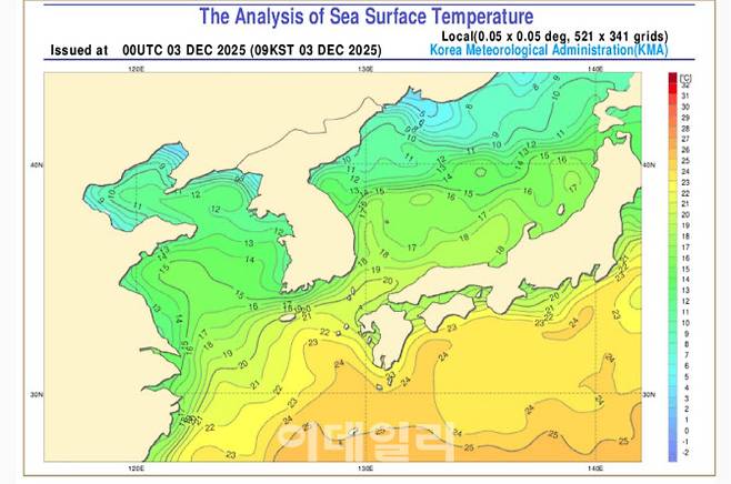 지난 3일 기준 우리나라 주변의 해수면 온도가 관측된 사진.(사진= 기상청)