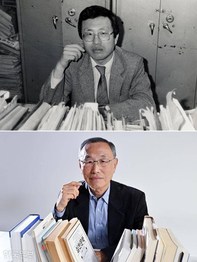 1973년 한국일보에 입사한 조성호는 1979년 12·12 군사반란 당시 수도경비사령부 등 현장을 취재했다. 하지만 그가 취재한 내용은 검열에 걸려 신문에서 찾아볼 수 없었다. 사진은 그가 젊은 시절 서울 중구 중학동에 있던 한국일보 사옥 편집국에서 업무 중 포즈를 취한 모습(위)과 현재의 모습(아래). 민경석 기자