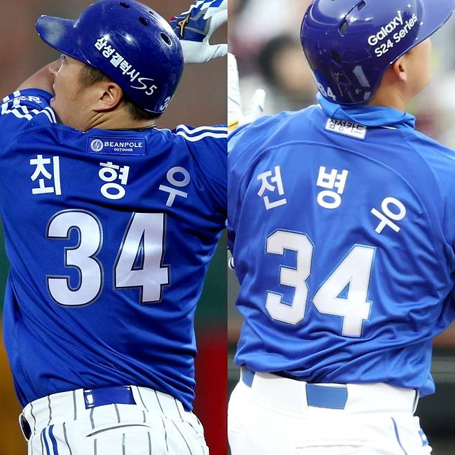 2016년까지 삼성에서 34번을 달고 뛰었던 최형우와 현재 34번의 주인인 전병우. 사진=삼성 제공