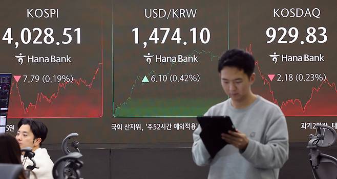 4일 오후 서울 중구 하나은행 딜링룸 전광판에 코스피 지수가 전 거래일 대비 7.79포인트(0.19%) 떨어진 4028.51을 나타내고 있다. [뉴스1]