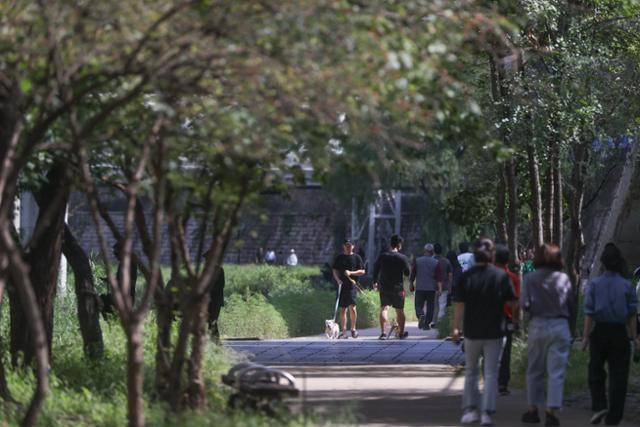 서울 청계천 산책로에 반려견 출입이 시범 허용된 지난해 9월 30일 시민들이 반려견과 산책을 하고 있다.  [연합]