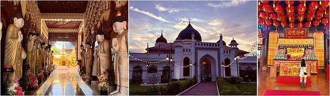 (좌로부터)페낭의 유일한 미얀마 불교 사원, 인도 무슬림 상인들이 지은 카피탄 켈링 이슬람사원, 조지타운에 있는 대승불교사원인 관음사