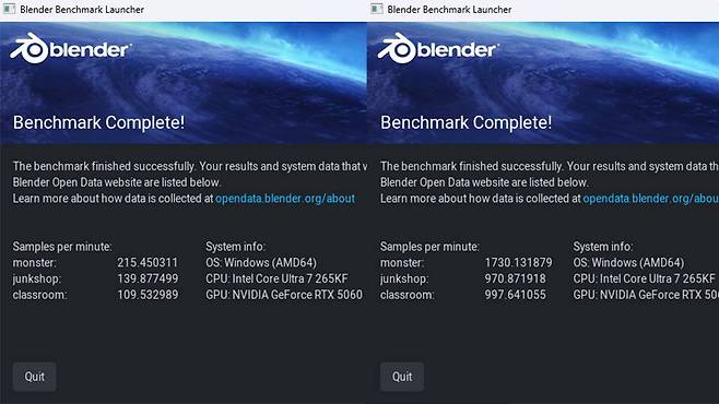 3D 렌더링 프로그램인 블렌더의 성능을 수치로 확인하는 블렌더 4.5 벤치마크 테스트 결과. 좌측이 CPU, 우측이 그래픽 카드 성능이다 / 출처=IT동아