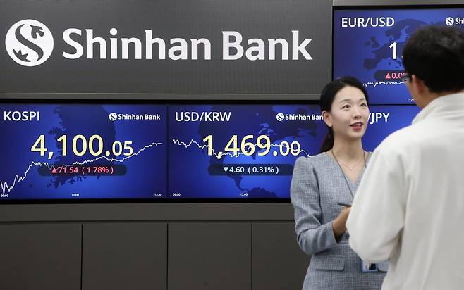 5일 신한은행 딜링룸에 코스피와 원달러 환율이 표시되어 있다. 사진=신한은행