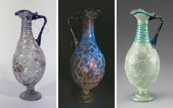 봉황 모양 유리병의 처리 전 모습(왼쪽)과 자외선 촬영 사진(가운데), 그리고 보존처리 후의 봉황 모양 유리병 모습(오른쪽). ⓒ국립중앙박물관 제공.