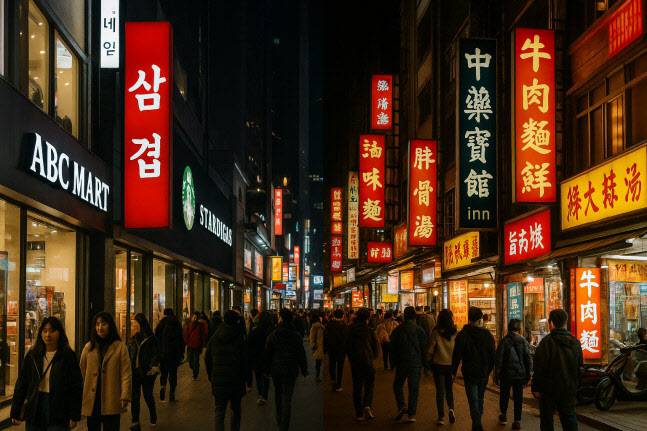 한국 번화가 서울 명동과 대만 타이베이 번화가 모습을 구현한 가상 이미지(출처=챗GPT)