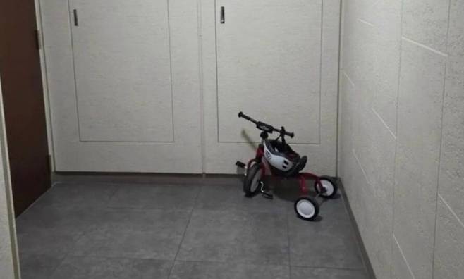 불법 적치물로 신고 당한 아파트 현관 앞 세발 자전거. /스레드 캡처