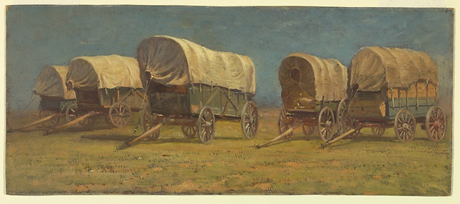 서부시대 포장마차(covered wagon). 국물 닭발이나 우동을 팔지는 않는다. 사무엘 콜맨, 1871년, Study Of Covered Wagons. [공공저작물 ]