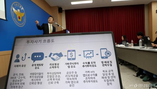 (서울=뉴스1) 김명섭 기자 = 최재호 서울경찰청 광역수사단 형사기동대 3팀장이 6일 서울 마포구 서울경찰청 광역수사단에서 캄보디아 거점 사기조직 검거 관련 브리핑을 하고 있다.   형사기동대는 공모주 정보를 이용해 단기간에 고수익을 보장한다는 허위 광고를 통해 피해자를 유인한 후 해외 금융회사 투자 전문가를 사칭하며 투자금을 가로채는 수법으로 2024년2월~ 2025년7월 까지 229명으로 부터 194억원을 챙긴 캄도디아 거점 사기 조직 54명을 검거하고 그중 18명을 구속했다.  2025.11.6/뉴스1  Copyright (C) 뉴스1. All rights reserved. 무단 전재 및 재배포,  AI학습 이용 금지. /사진=(서울=뉴스1) 김명섭 기자