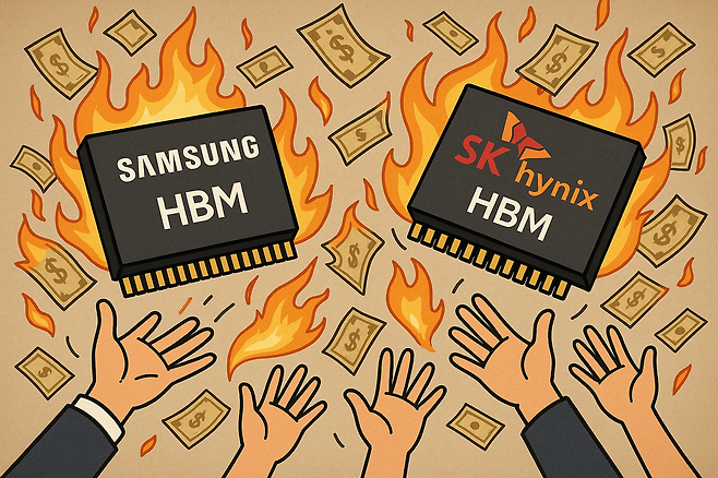 삼성전자와 SK하이닉스는 연말 조직개편을 통해 HBM 사업 경쟁력 강화를 꾀하며 내년 한층 더 치열한 경쟁을 예고했다. [챗GPT로 제작]