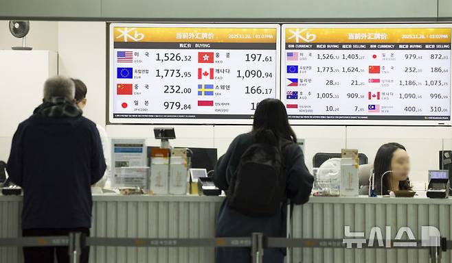 [인천공항=뉴시스] 김근수 기자 = 인천 중구 인천국제공항 제1여객터미널 은행 환전소에서 여행객들이 환전을 하고 있다. 2025.11.28. ks@newsis.com