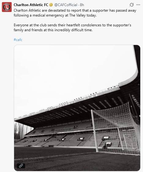 관중의 사망 소식 알린 찰턴 [구단 엑스(X) 캡처. 재판매 및 DB 금지]