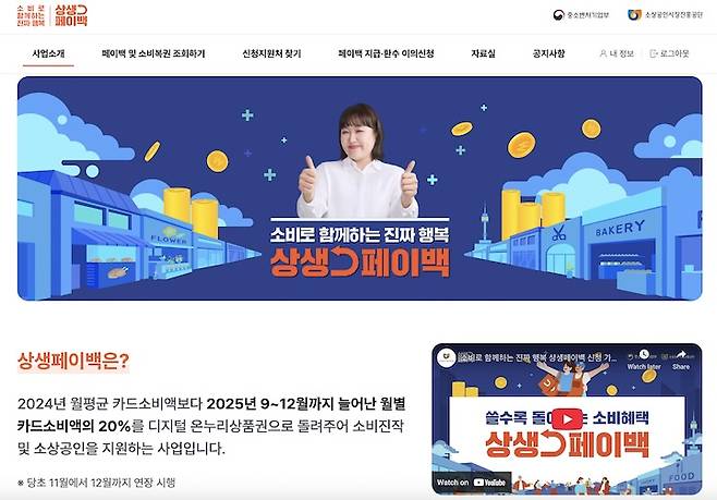 상생페이백 누리집 메인 화면. 사업 소개 및 페이백 현황 등을 조회할 수 있다.